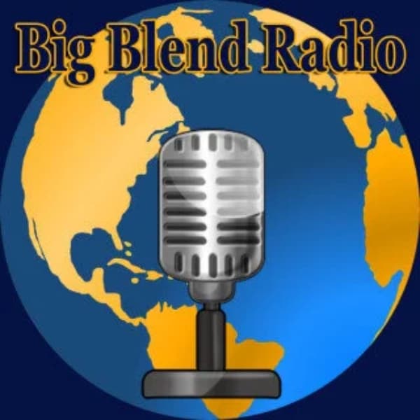 Logo of Big Blend Radio featuring a microphone and a stylized globe.
