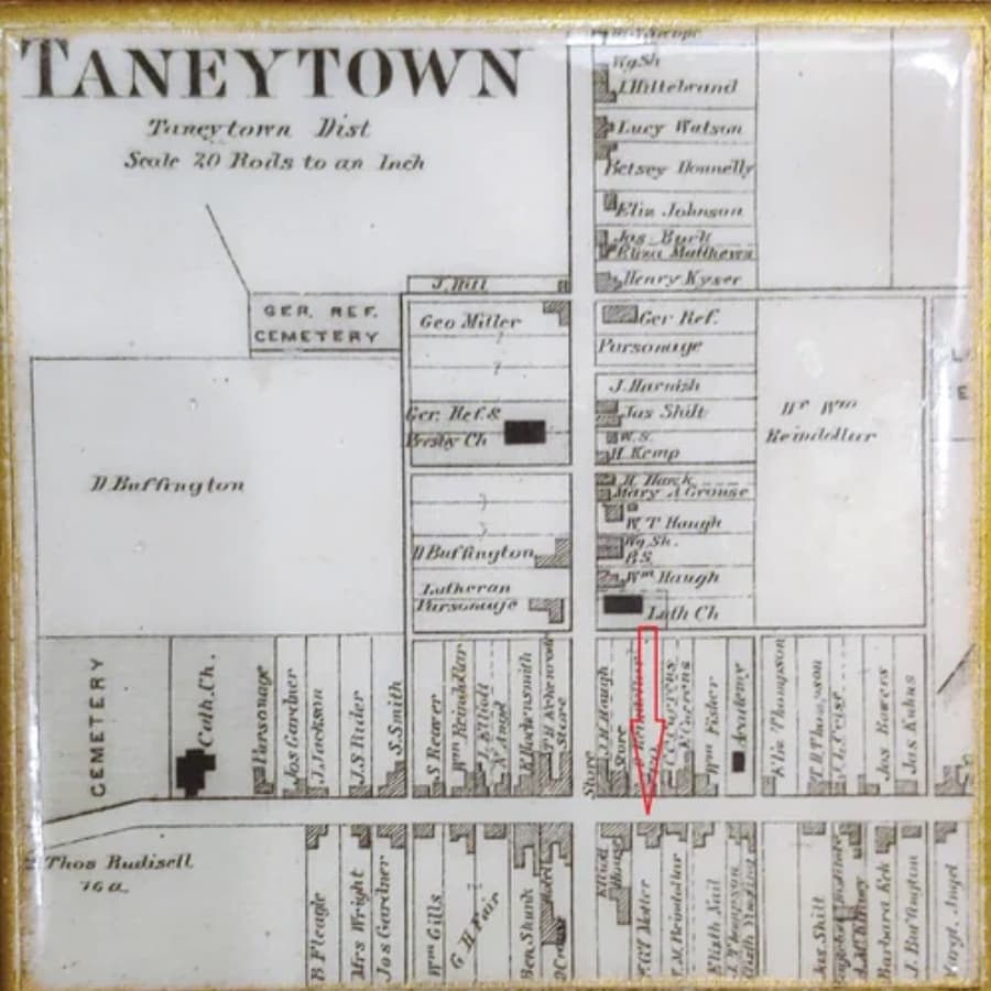 Map of Taneytown, showing street names, landmarks, and a cemetery.