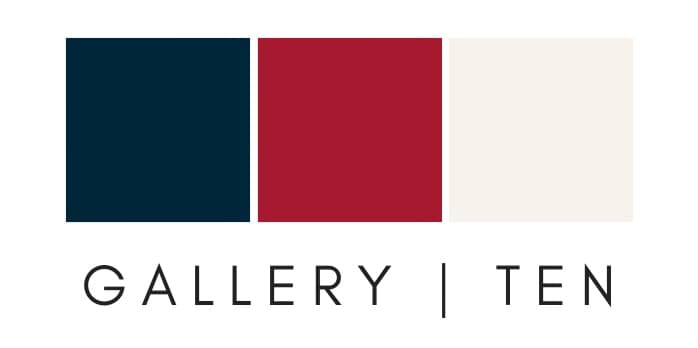 Logo featuring three color blocks (navy, red, and beige) with the text "GALLERY | TEN" underneath.