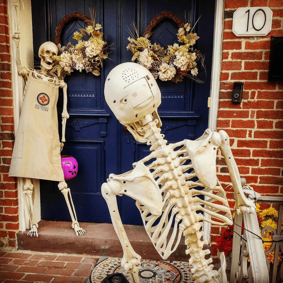 Two skeletons, one holding a pink Halloween bucket, stand in front of a blue door adorned with floral wreaths.