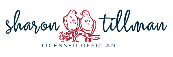 Logo featuring two birds and the text "Sharon Tillman Licensed Officiant."