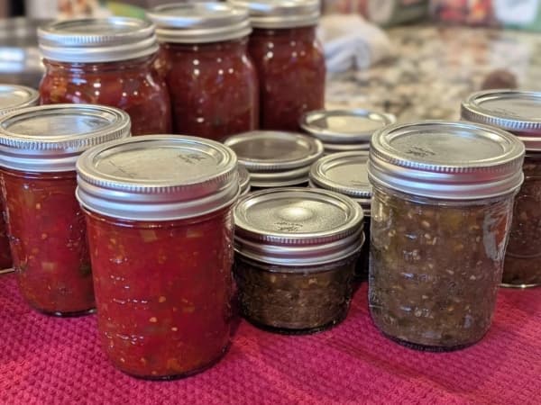 A collection of assorted jars filled with homemade salsa and preserves, arranged on a countertop.