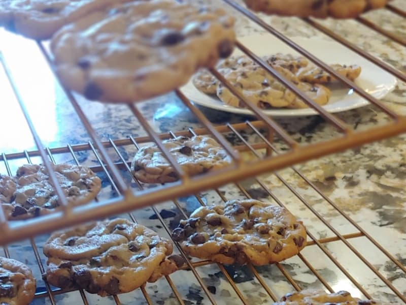 Freshly baked chocolate chip cookies cooling on a wire rack.