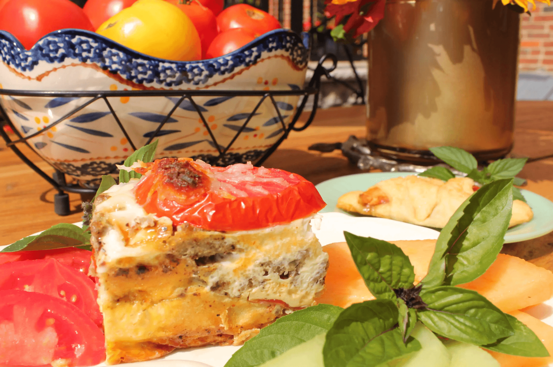Savory breakfast quiche with heirloom tomatoes at Georges on York Boutique Inn