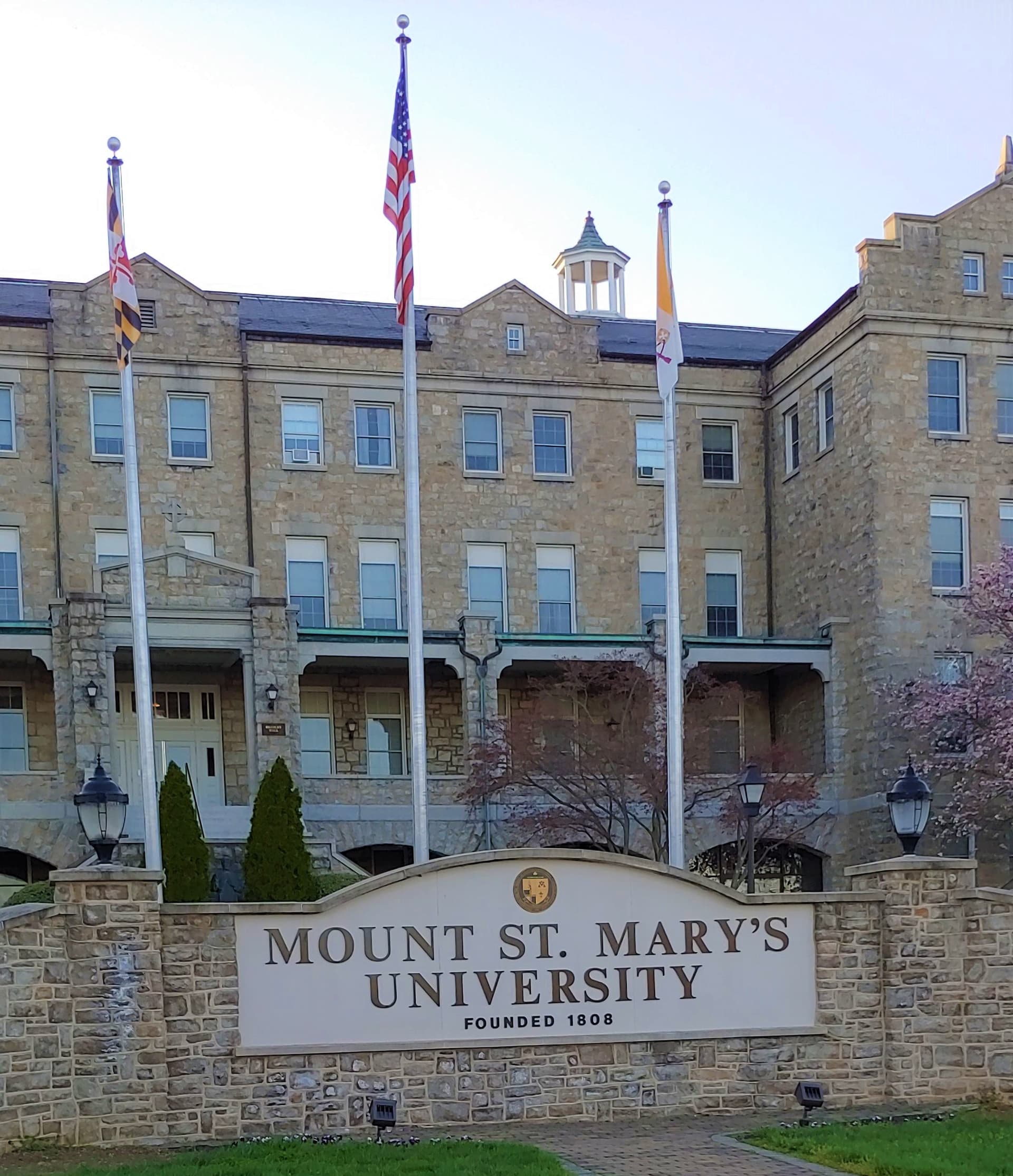 Mount St. Mary's University entrance sign near Georges on York Inn in Emmitsburg MD